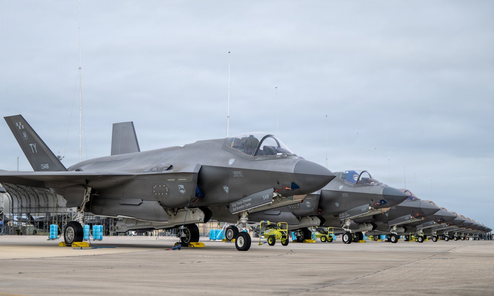 US Air Force F-35A Lightning II fighters parked on the flight line at Tyndall Air Force Base, Florida