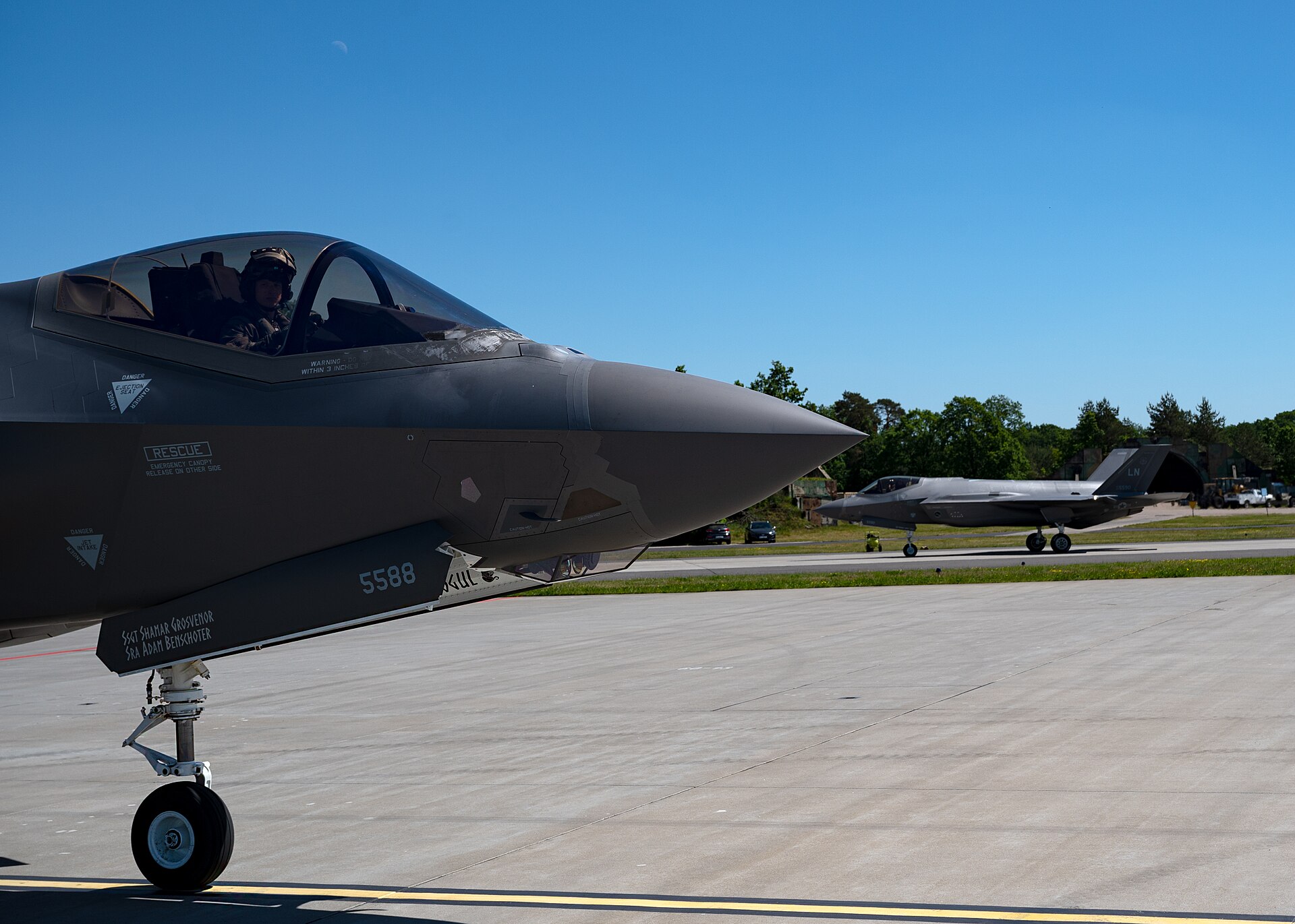 F-35A taxiing after a hot-pit refuel during Astral Knight 24