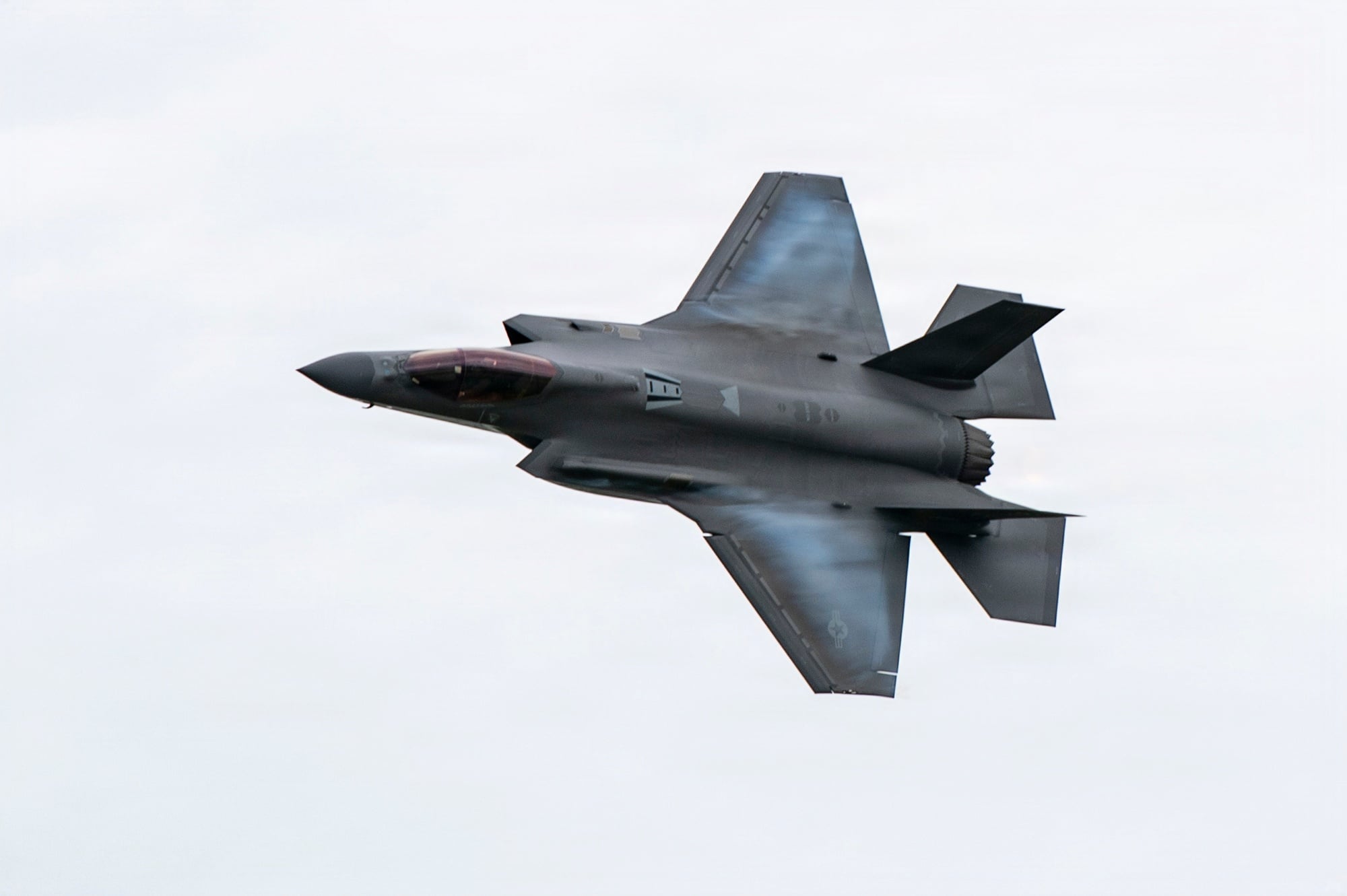 A US Air Force F-35A Lightning II of the Demonstration Team in a hard banking turn during an aerial demonstration