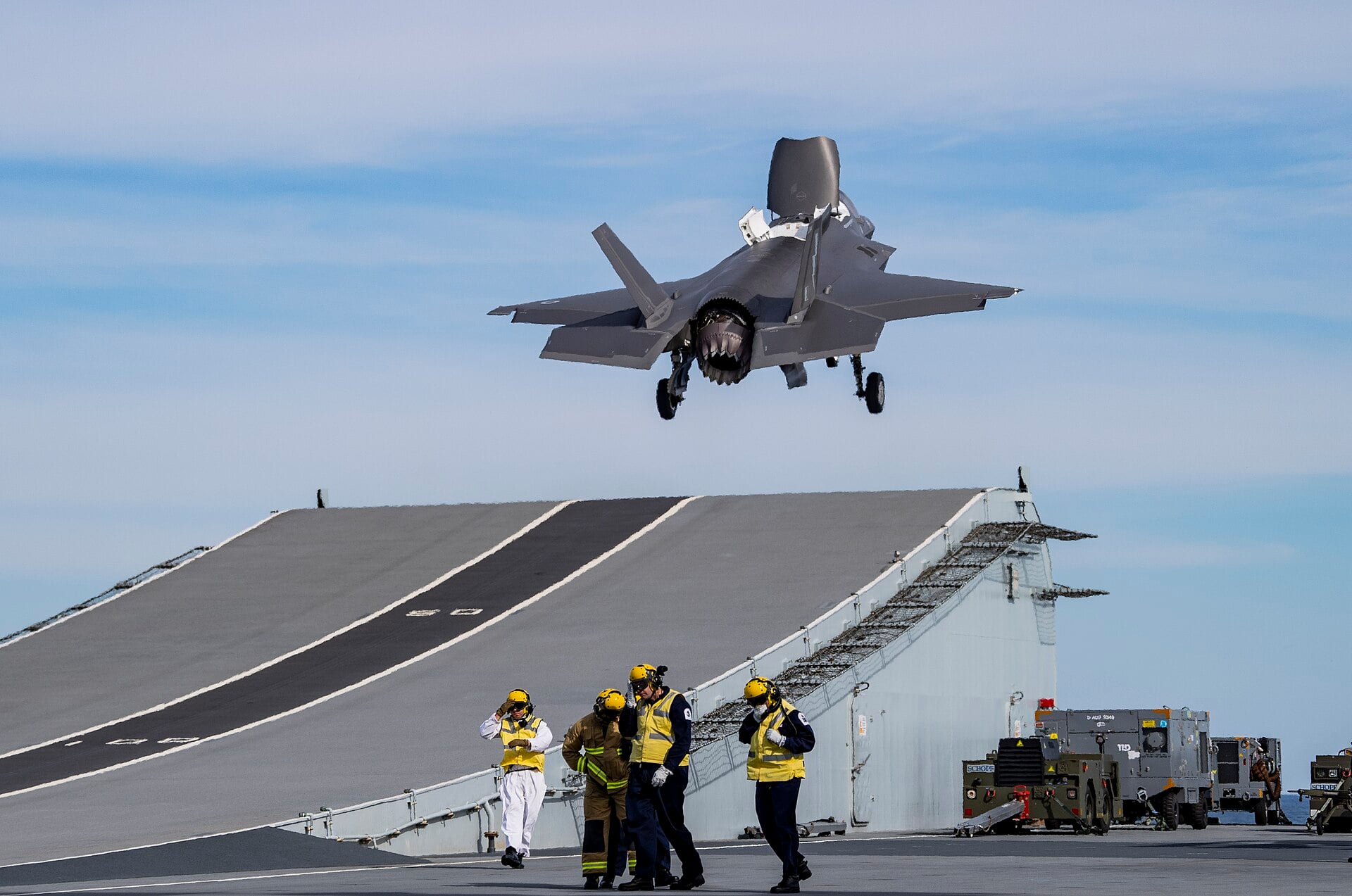 F-35B Lightning II taking off from the ski-jump of HMS Queen Elizabeth An RAF No. 617 Squadron F-35B Lightning takes off from HMS Queen Elizabeth in the Atlantic on 17 October 2019