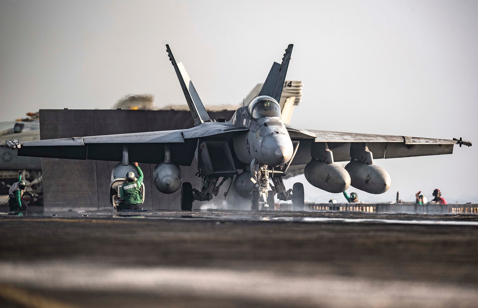 A US Navy F/A-18E Super Hornet launching from the aircraft carrier USS Dwight D. Eisenhower