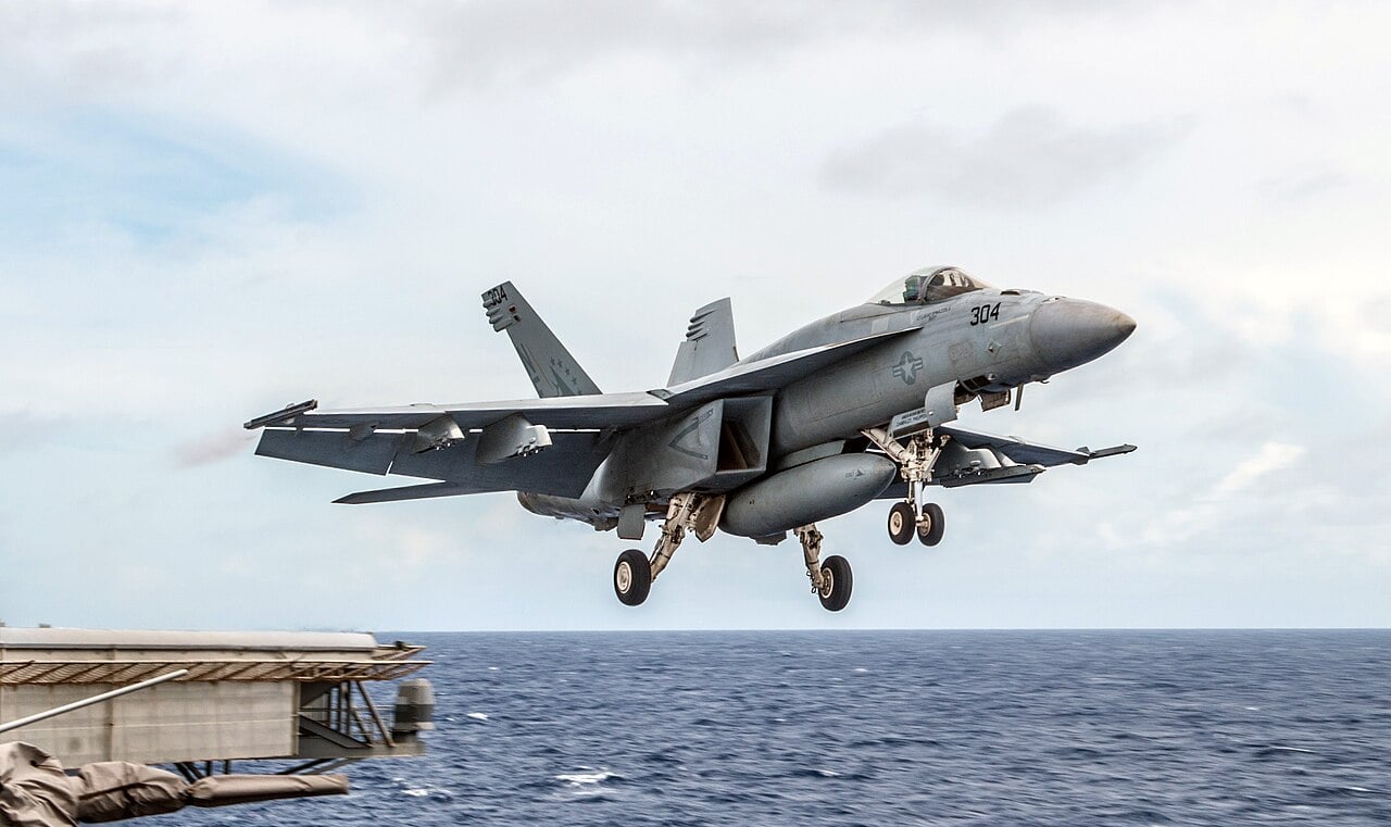 A US Navy F/A-18E Super Hornet launching from the flight deck of USS Ronald Reagan