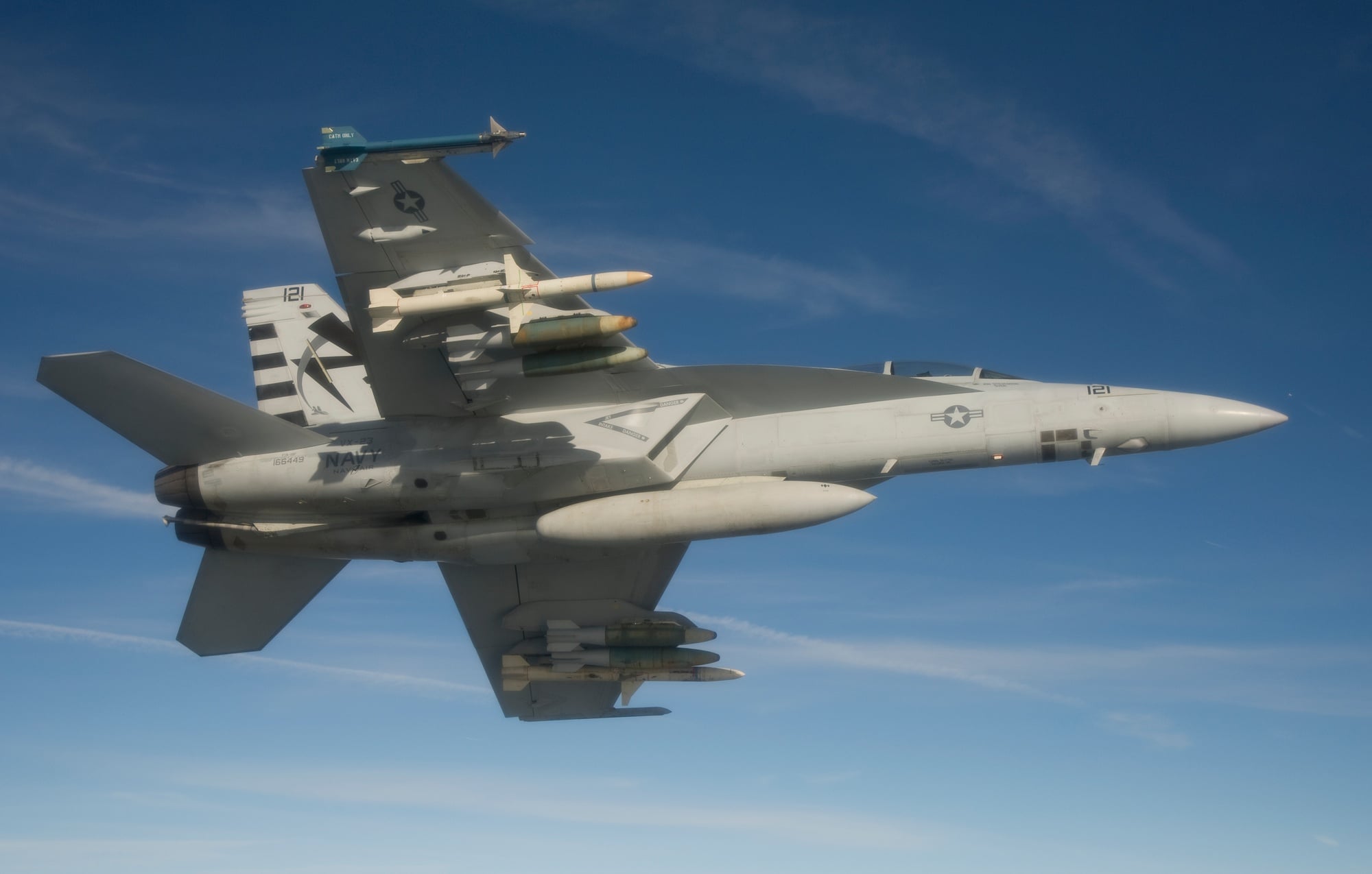 An F/A-18F Super Hornet of Air Test and Evaluation Squadron 23 conducting a captive carry flight test with a stand-off weapon