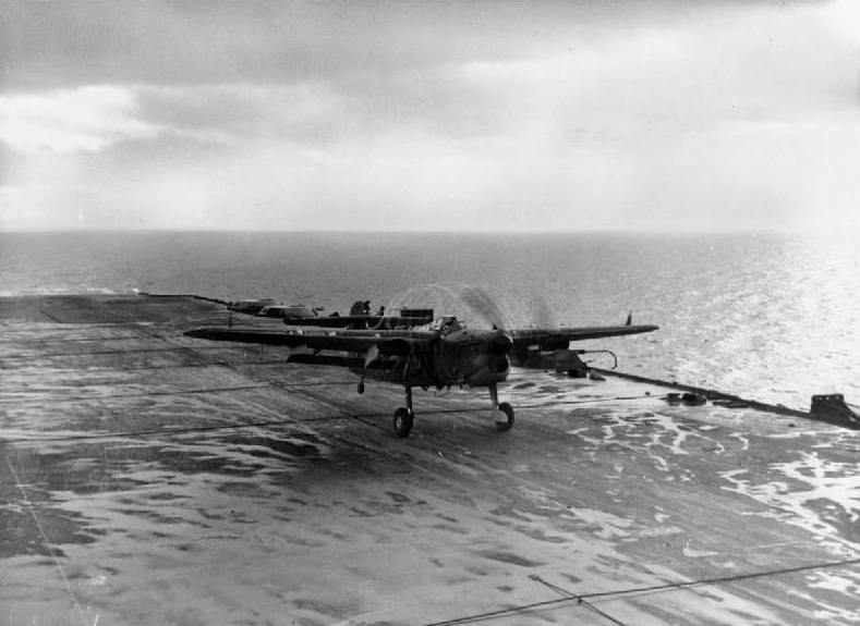 A Fairey Barracuda taking off from the carrier HMS Illustrious