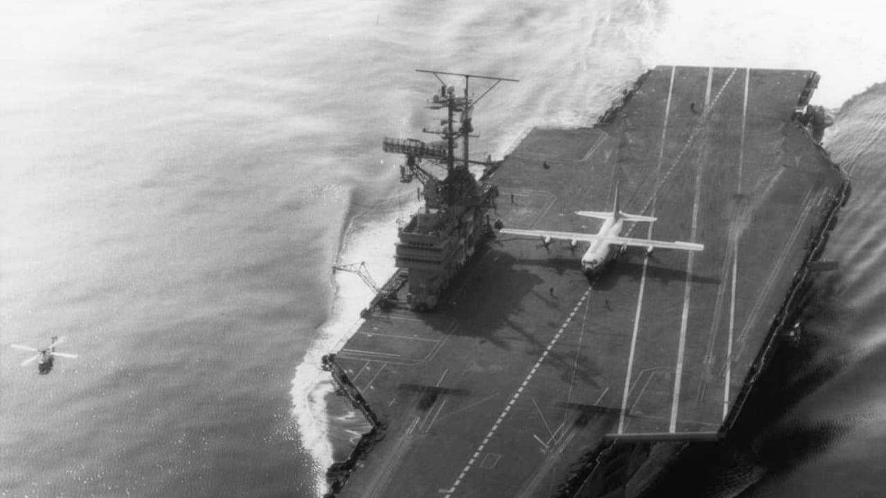 A US Marine Corps KC-130F Hercules parked on the flight deck of USS Forrestal (CVA-59) during the 1963 carrier trials