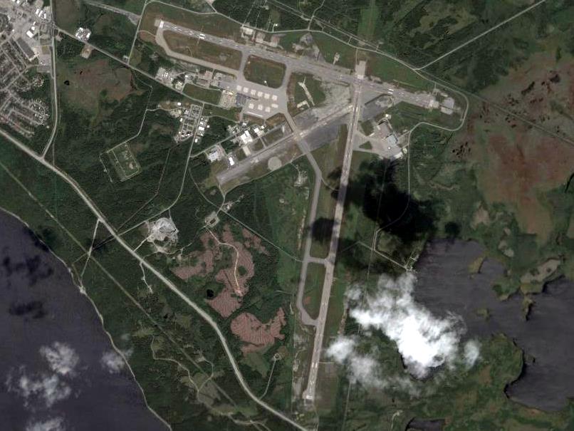 A satellite view of Gander International Airport in Newfoundland showing its long runways