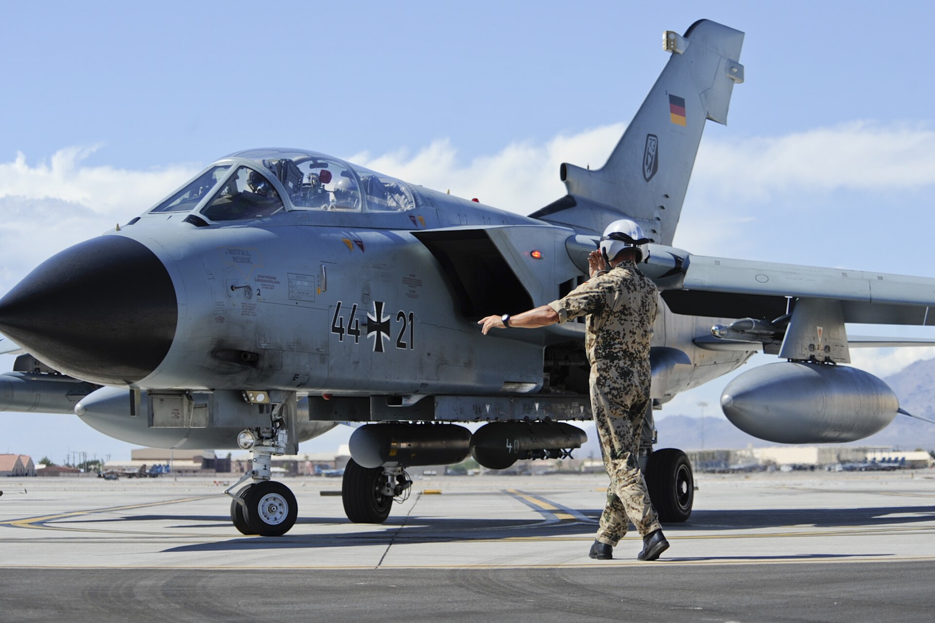 A German Luftwaffe Panavia Tornado of the 33rd Fighter Bomber Wing from Buchel Air Base taxis at Nellis Air Force Base