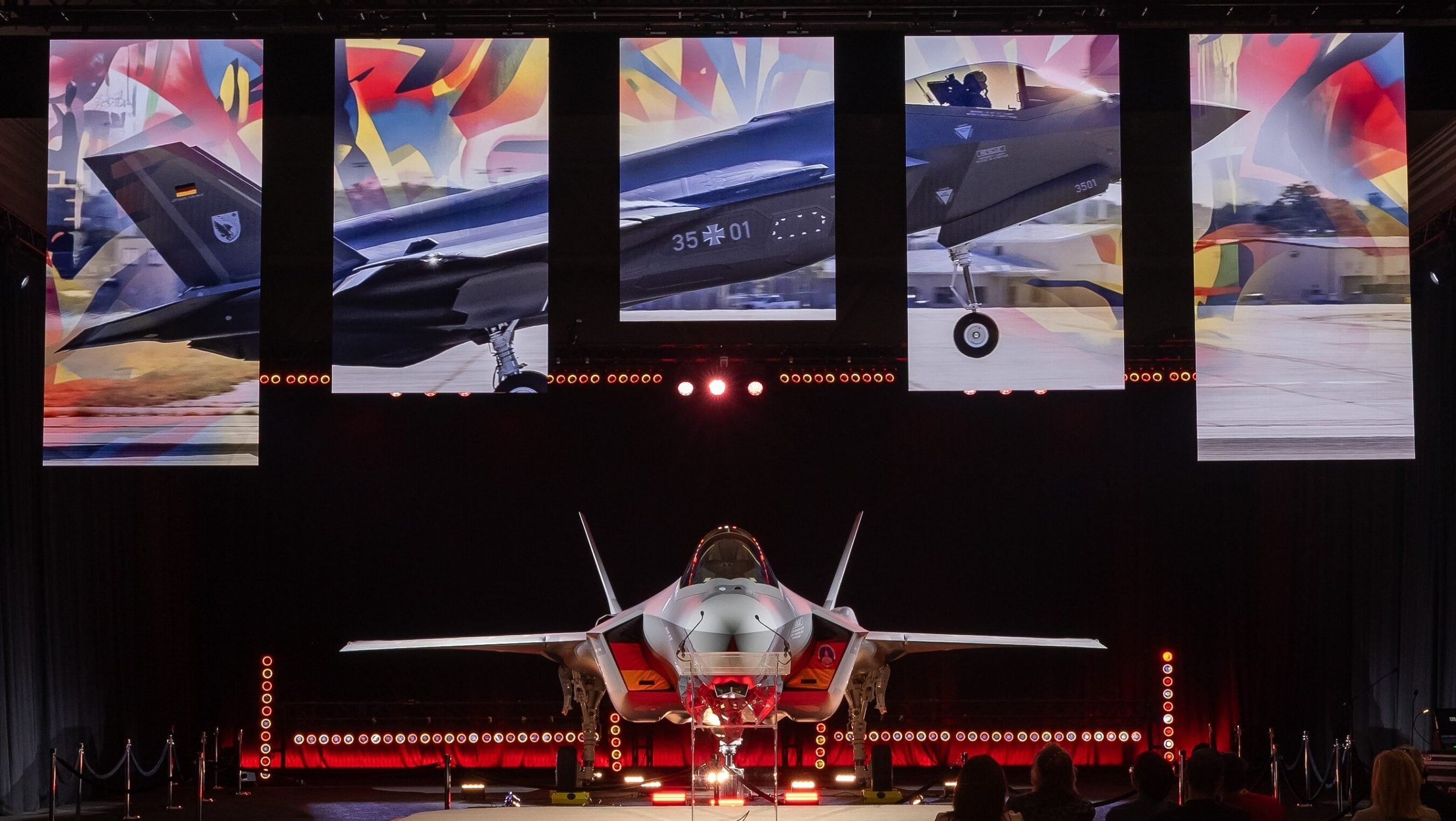 Germany’s first F-35A Lightning II, tail number 35+01, on stage at the rollout ceremony at Fort Worth