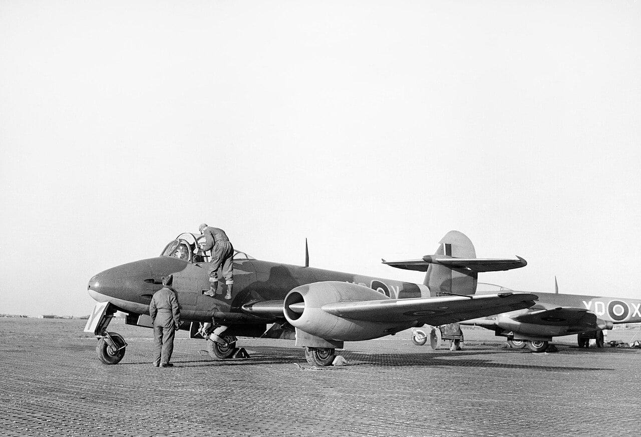 Gloster Meteor Mk I jet fighters of No. 616 Squadron RAF at Manston, Kent, in 1944