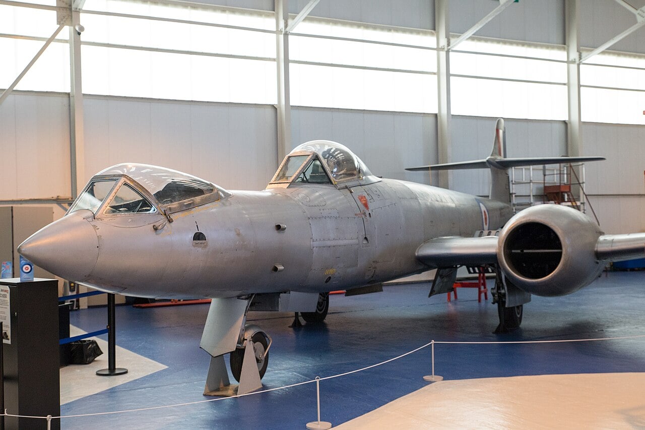 Gloster Meteor F8 WK935 prone pilot aircraft preserved at RAF Cosford