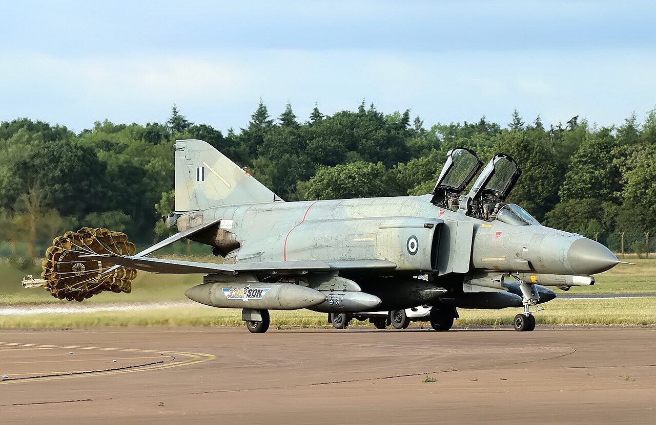 A 338 Squadron Hellenic Air Force F-4E AUP Phantom II deploying its drag chute