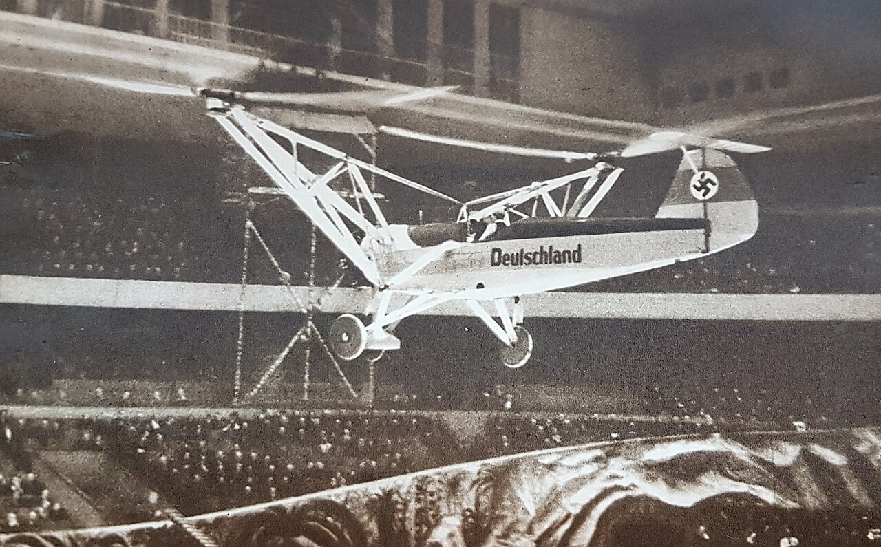 Hanna Reitsch flying the Fa 61 helicopter inside the Deutschlandhalle, 1938
