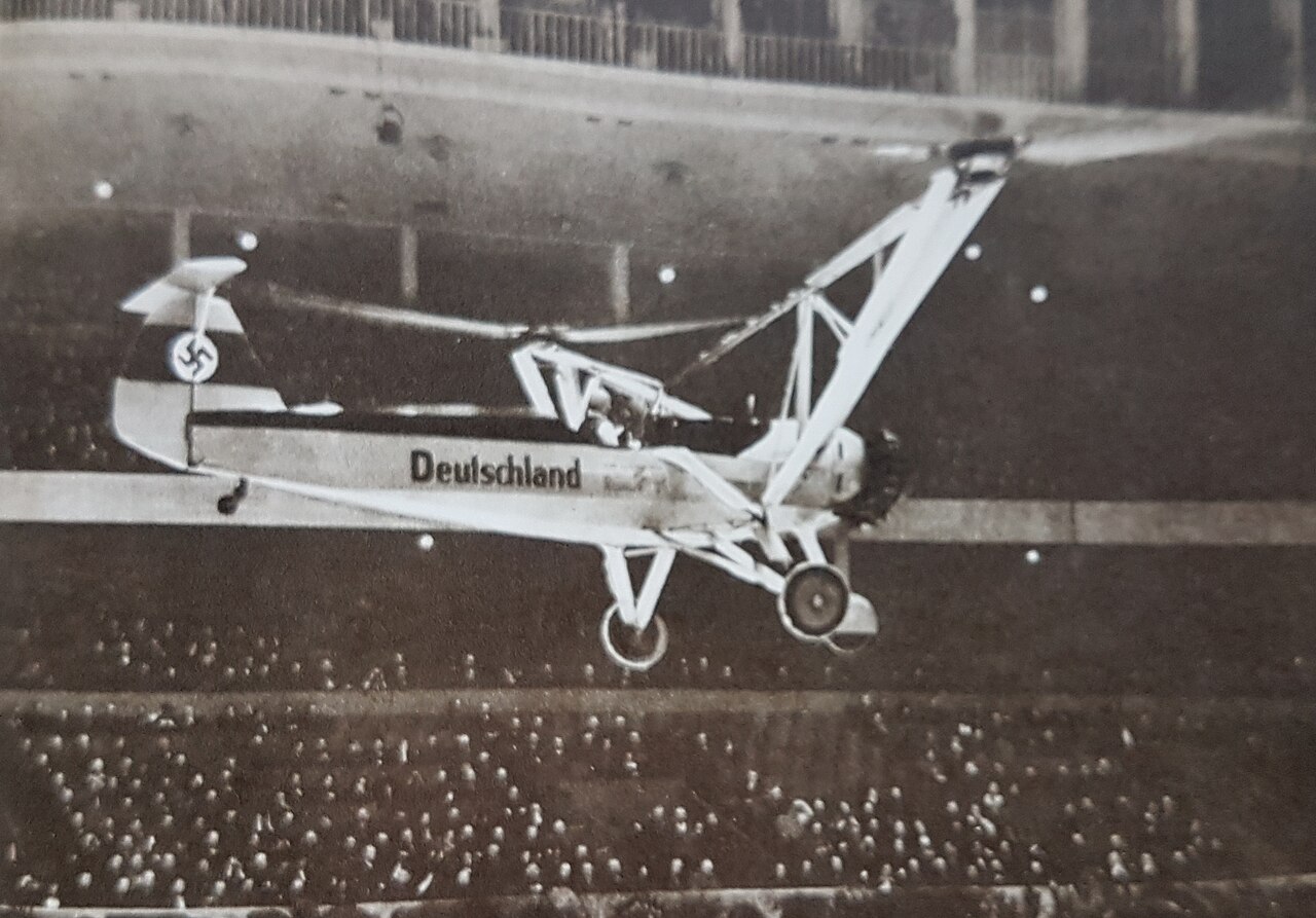 Hanna Reitsch flying the Focke-Achgelis Fa 61 helicopter inside the Deutschlandhalle in Berlin in February 1938