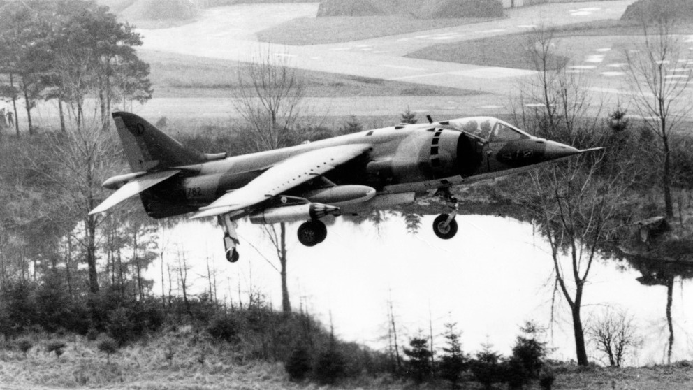 A Hawker Siddeley Harrier GR.1 taking off vertically