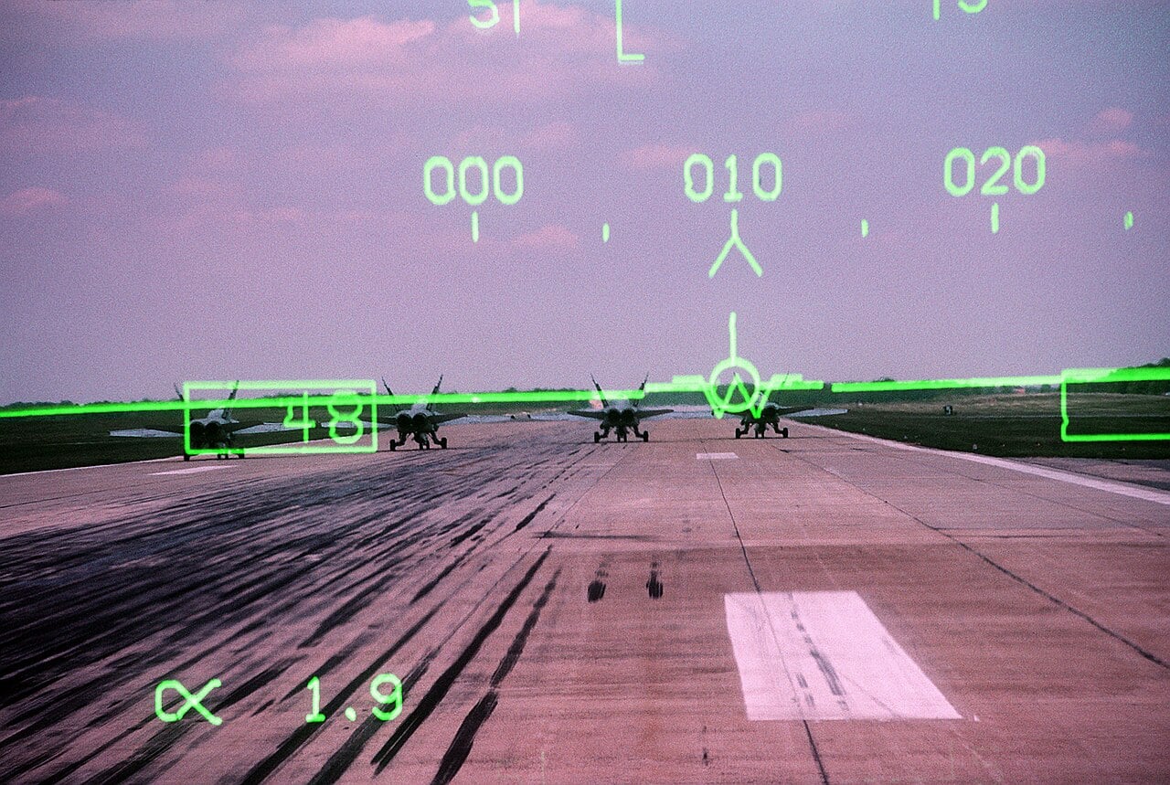 Head-up display symbology in an F/A-18 Hornet cockpit