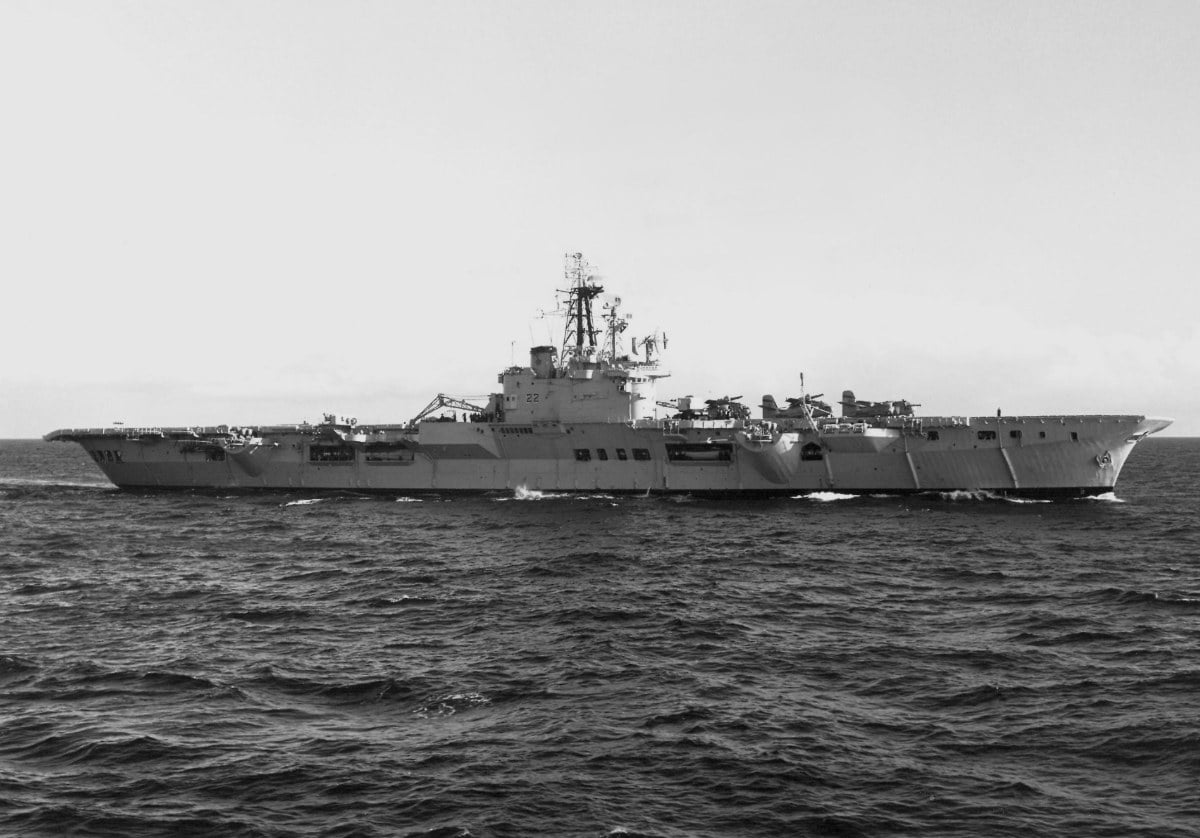 The Royal Canadian Navy aircraft carrier HMCS Bonaventure underway at sea in June 1961