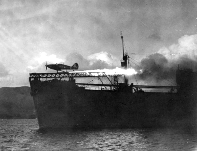 Hurricane launched by rocket catapult from a CAM ship