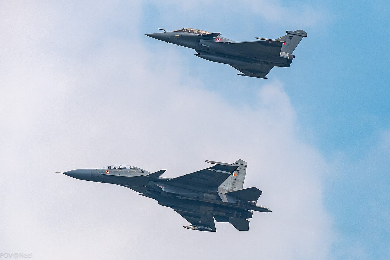 Indian Air Force Su-30MKI and Dassault Rafale flying in formation