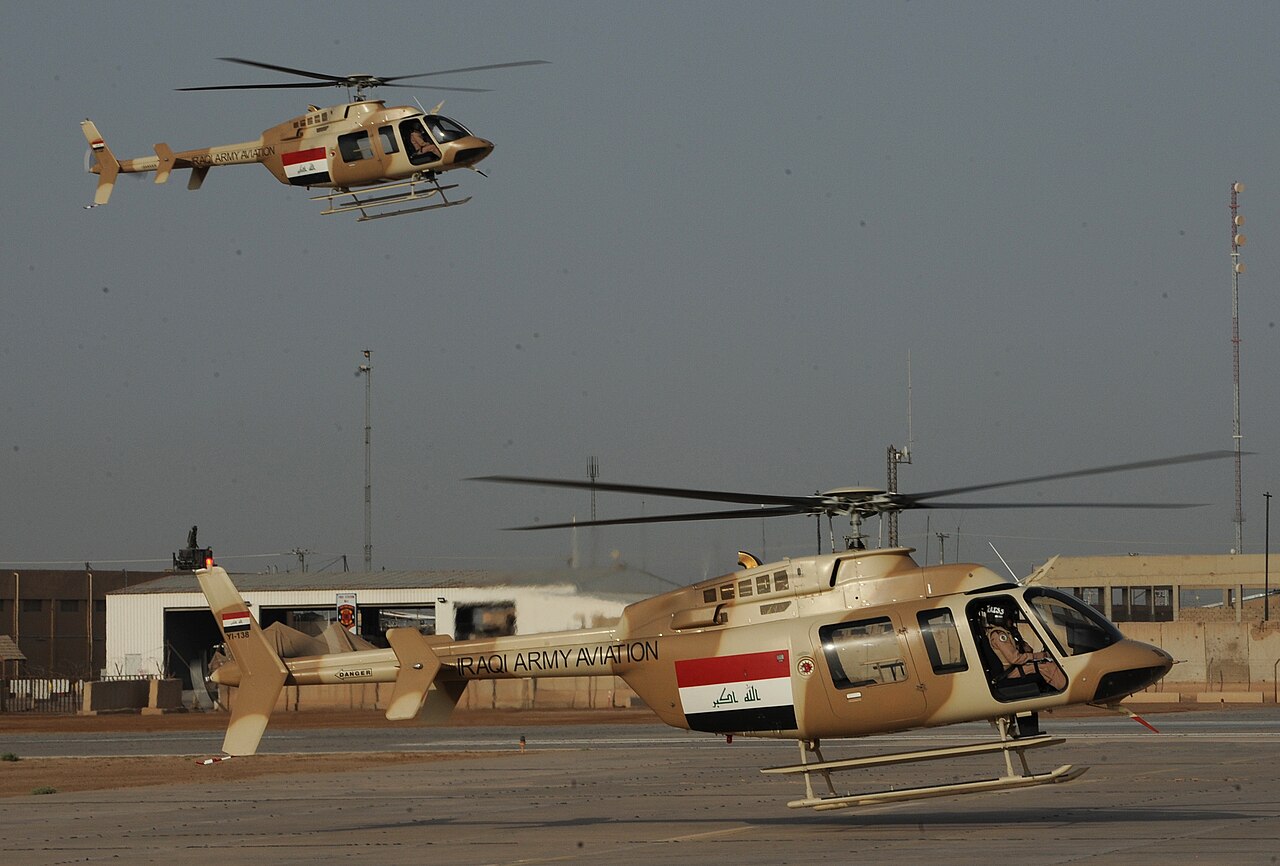 Iraqi Army Aviation Command Bell 407 helicopters Two Iraqi Army Aviation Command Bell 407 helicopters in flight at Taji Air Base
