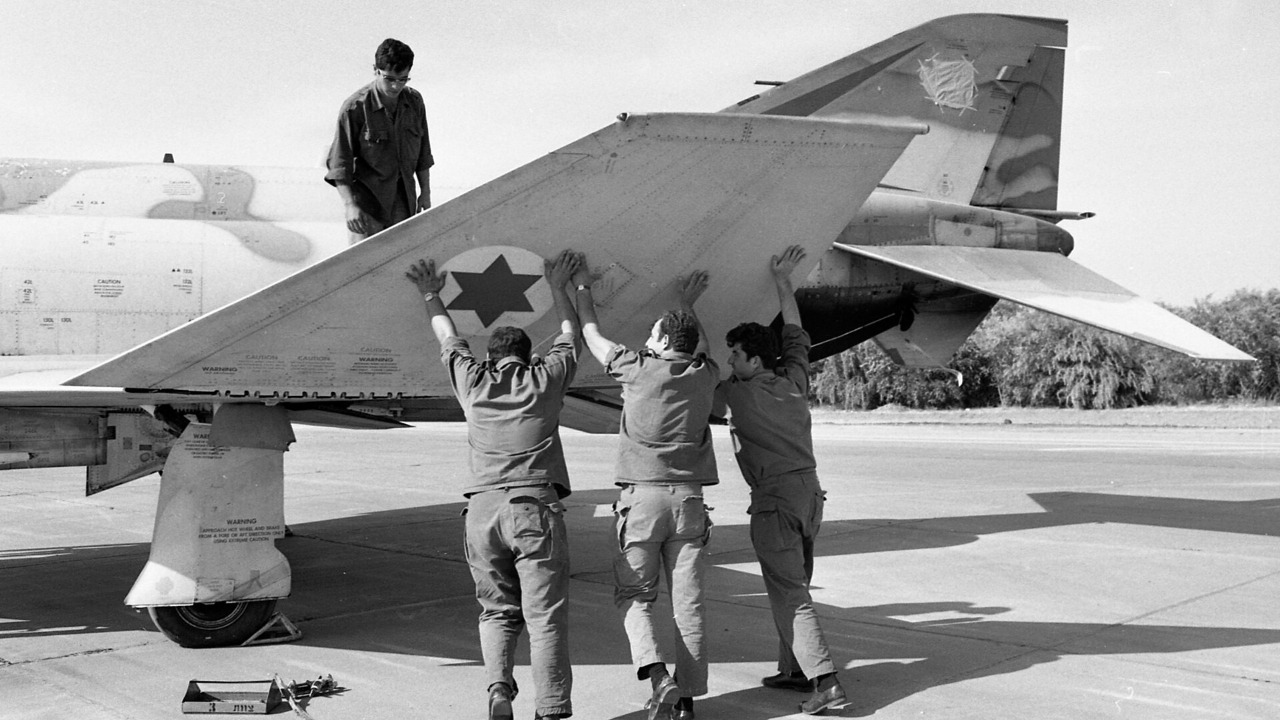 Israeli Air Force F-4E Phantom II fighters on display after their first delivery