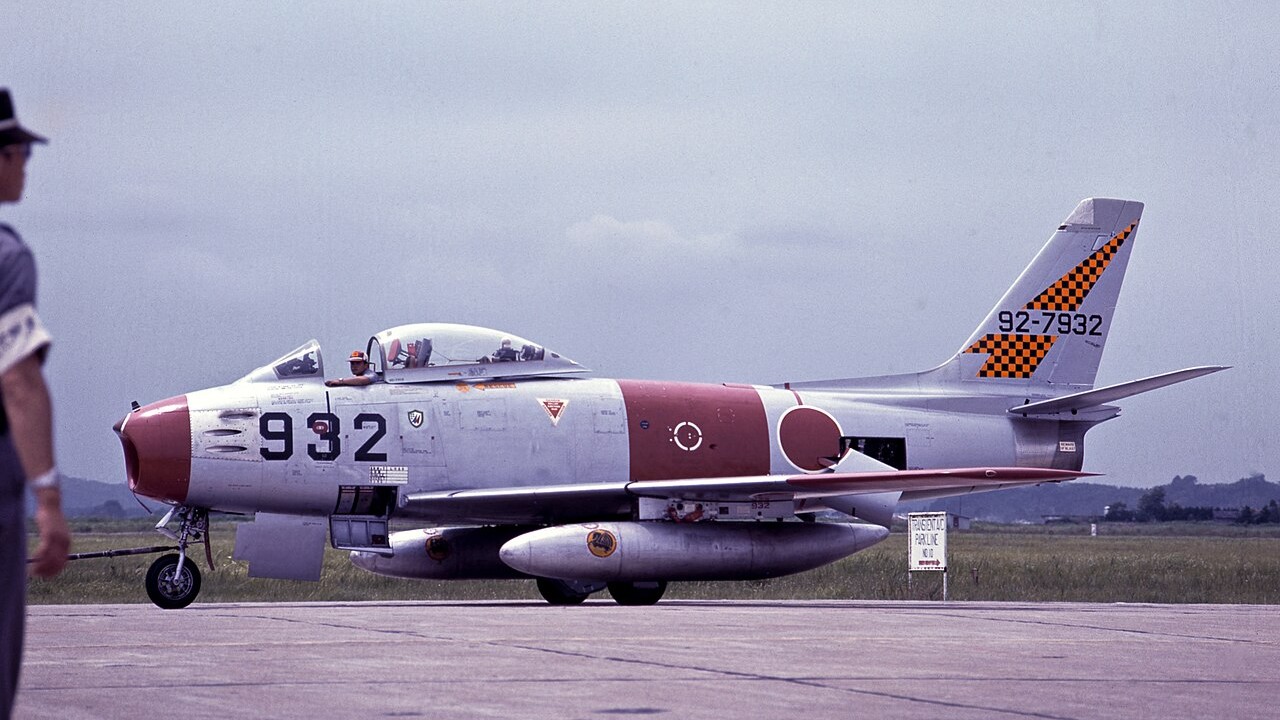 The Japan Air Self-Defense Force Mitsubishi-built F-86F Sabre 92-7932 at Matsushima Airbase in July 1971