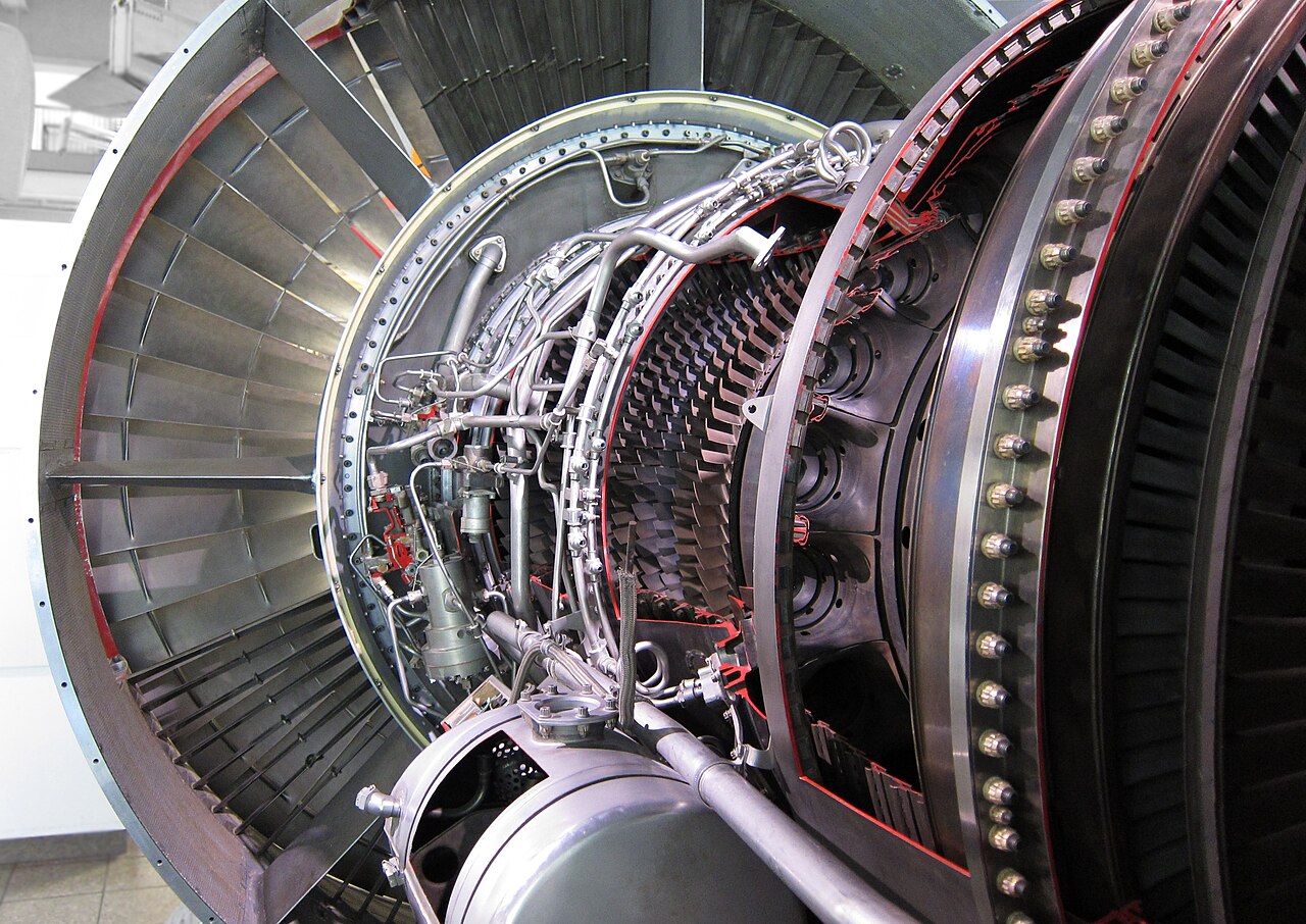 Cutaway of a turbofan jet engine showing the compressor