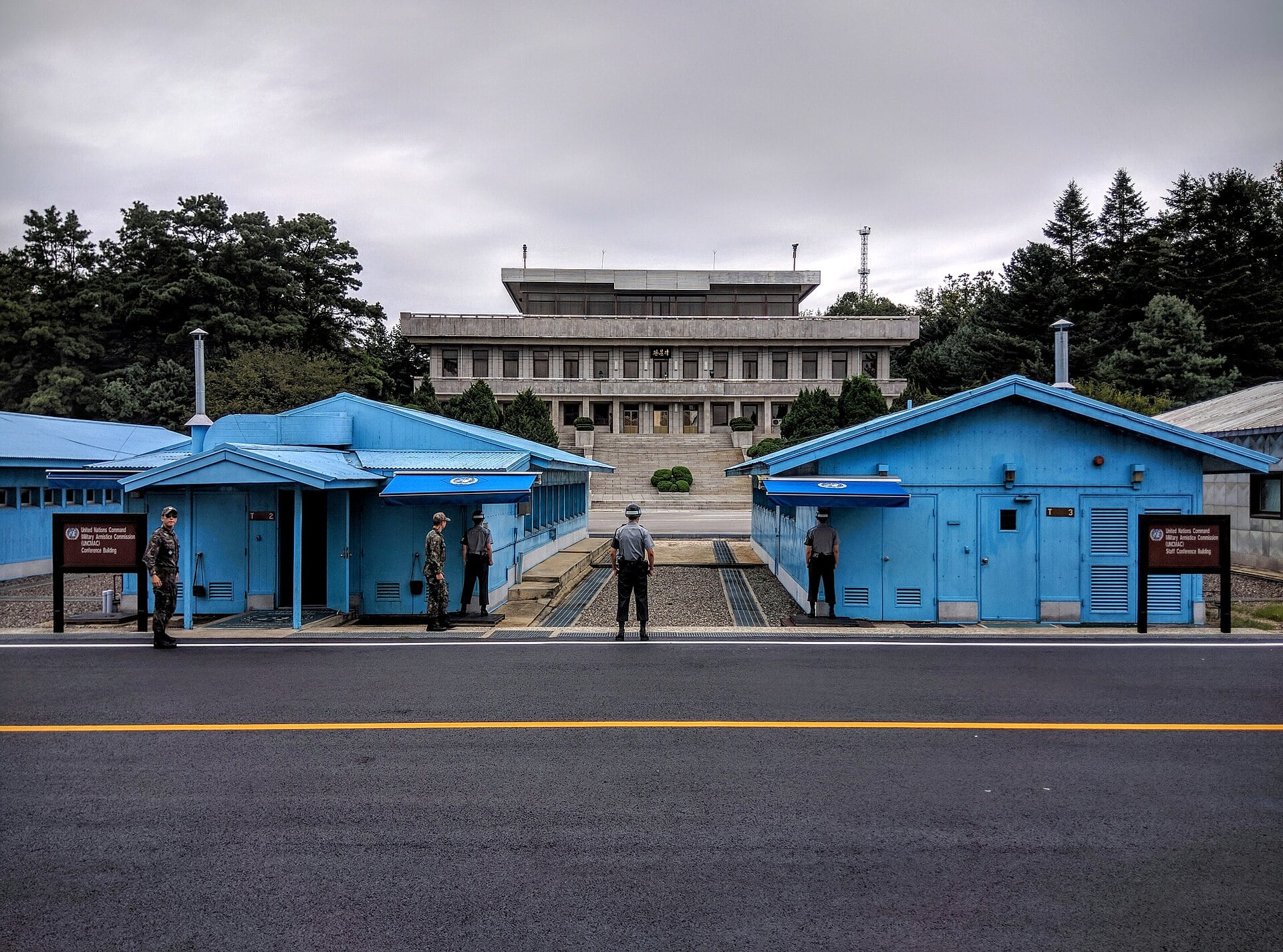 The Joint Security Area at Panmunjom in the Korean Demilitarized Zone, looking towards North Korea