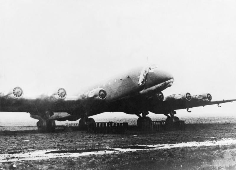 An abandoned Junkers Ju 390 with its propellers removed