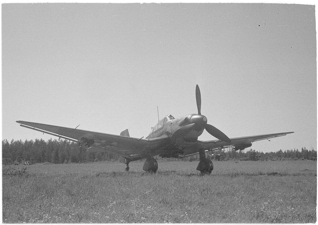 Junkers Ju 87 D-5 Stuka dive bomber A Junkers Ju 87 D-5 Stuka dive bomber on a grass airfield, the type Melitta von Stauffenberg dive-tested