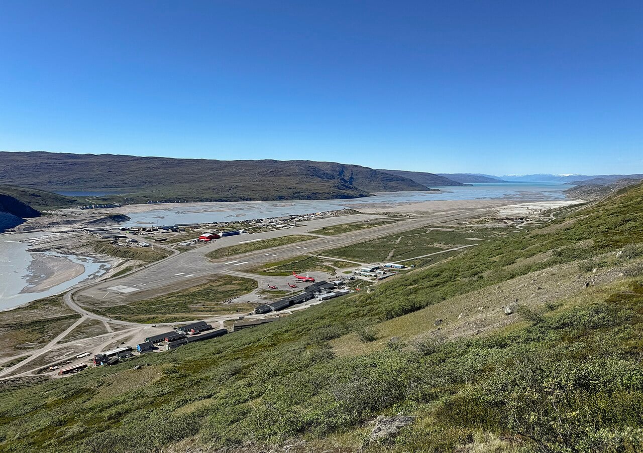 Kangerlussuaq Airport in Greenland seen from the surrounding hills