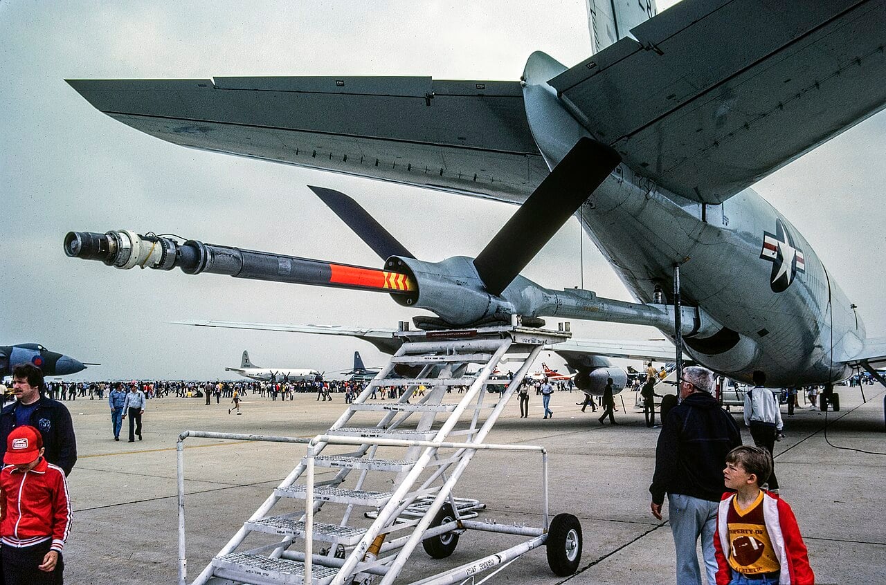 The refuelling boom of a US Air Force KC-135 Stratotanker