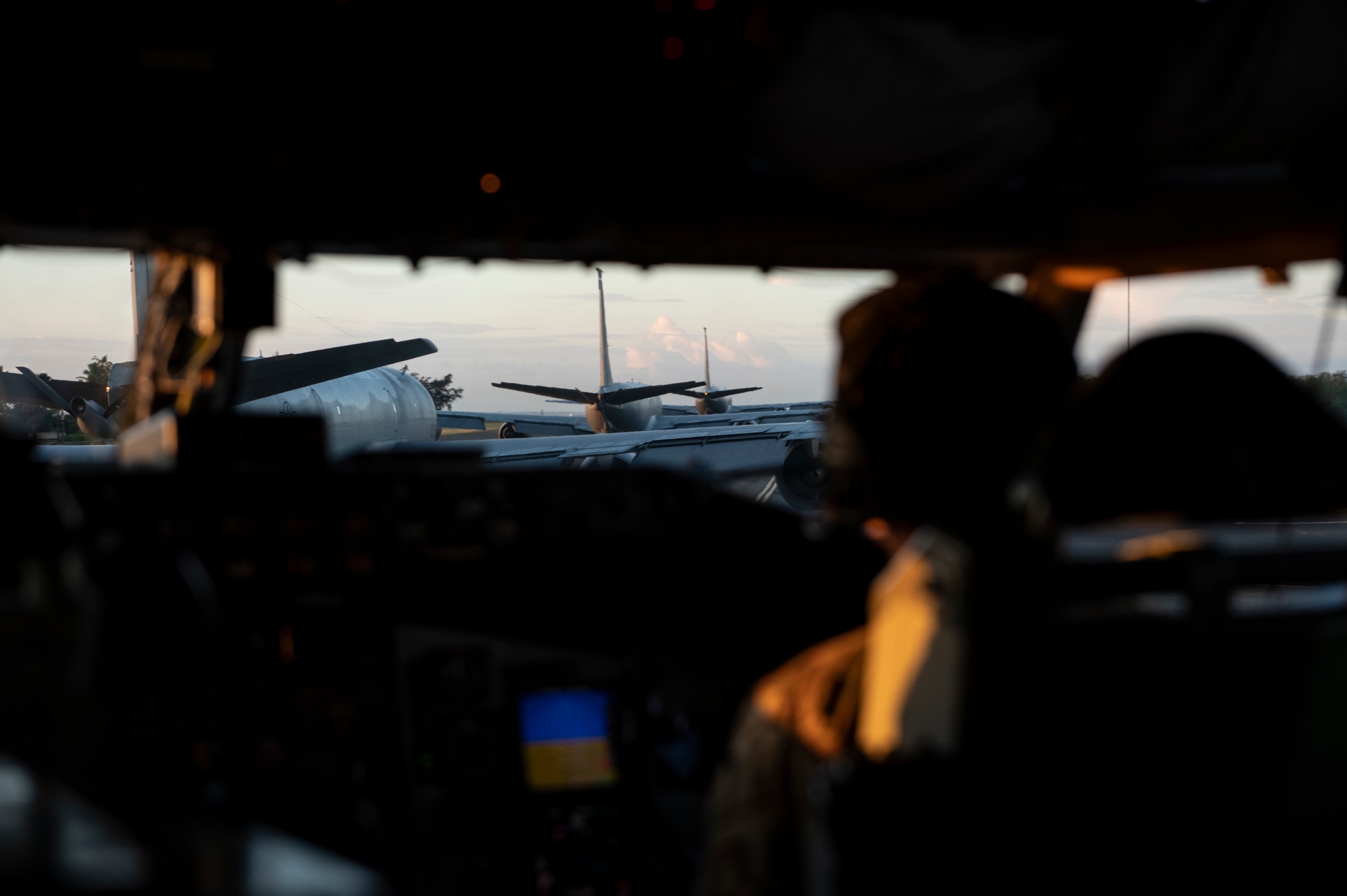 KC-135 Stratotankers taxiing in close formation on the flightline before a minimum interval takeoff