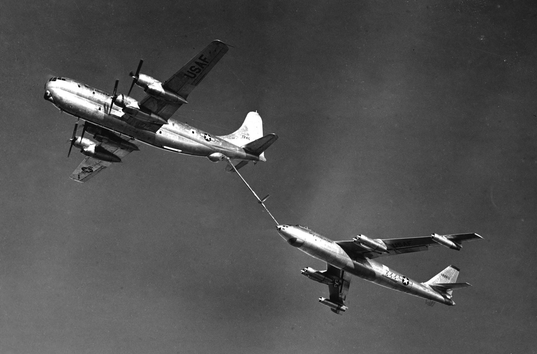 A Boeing KC-97 Stratofreighter refuelling a B-47 Stratojet in the 1950s