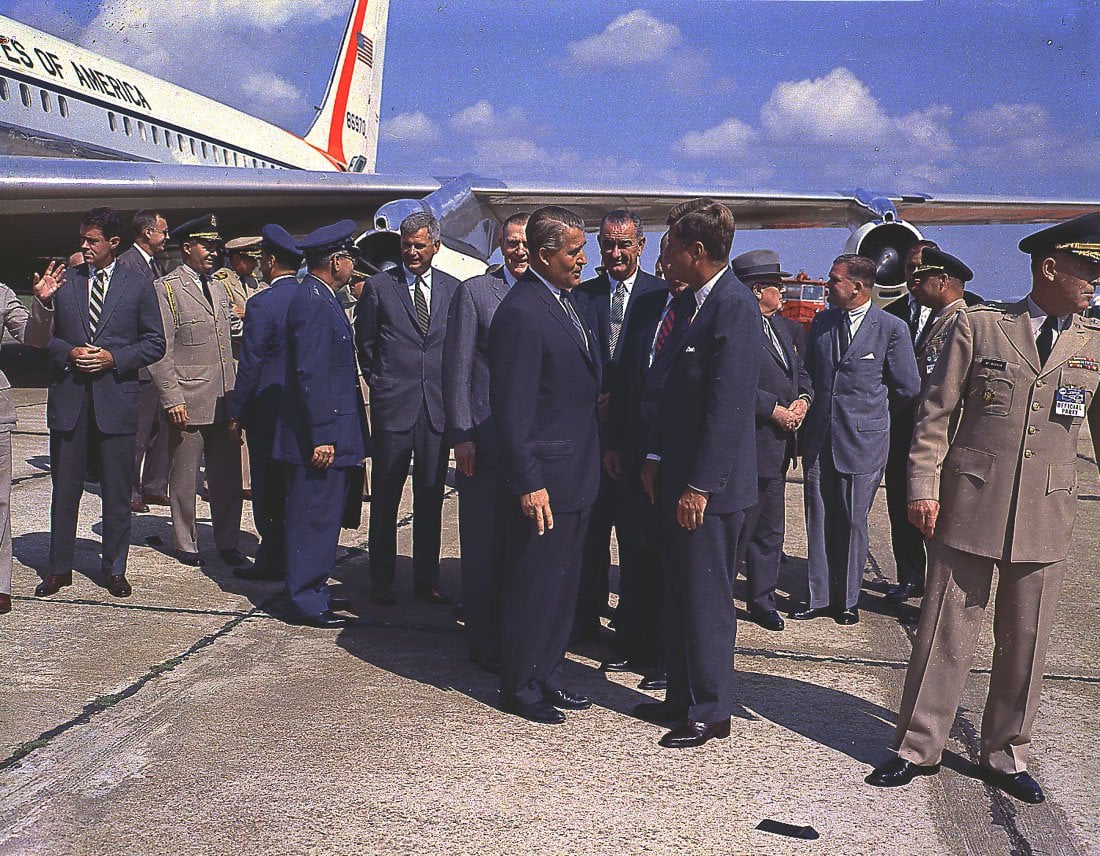 President Kennedy, Vice President Johnson and Wernher von Braun at Redstone Arsenal Airfield in September 1962