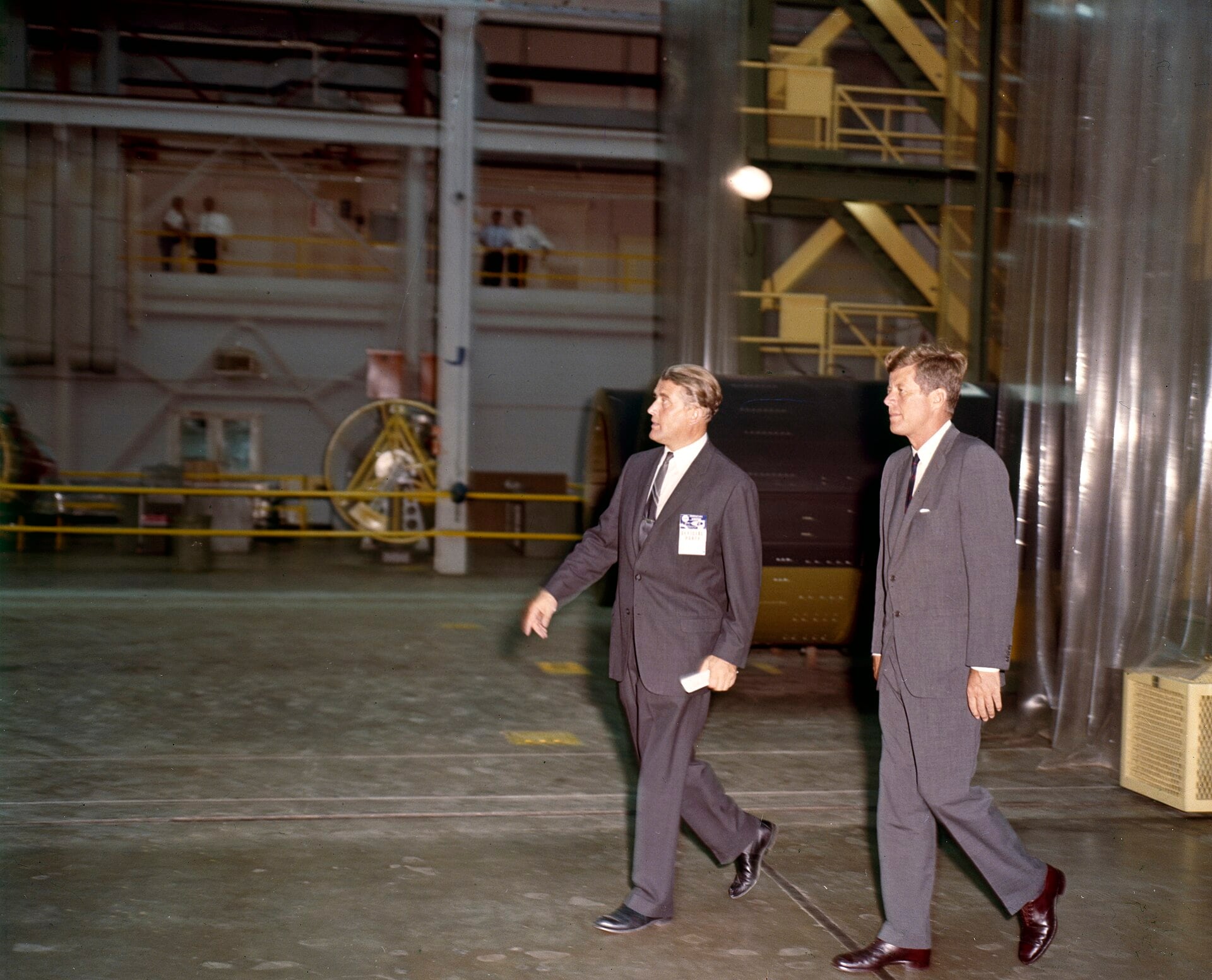 President John F. Kennedy and Wernher von Braun touring a laboratory at NASA Marshall Space Flight Center, 11 September 1962