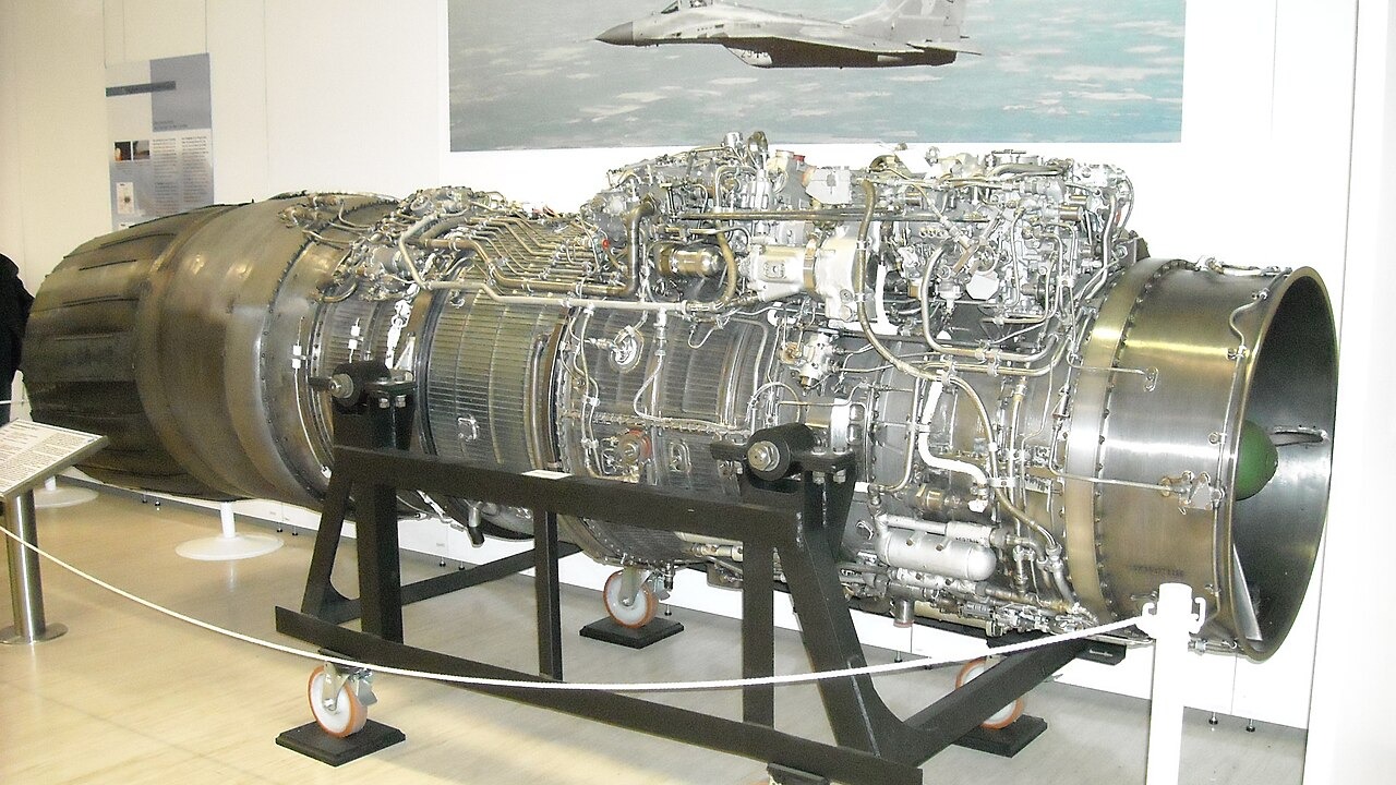 A Klimov RD-33 turbofan engine on display