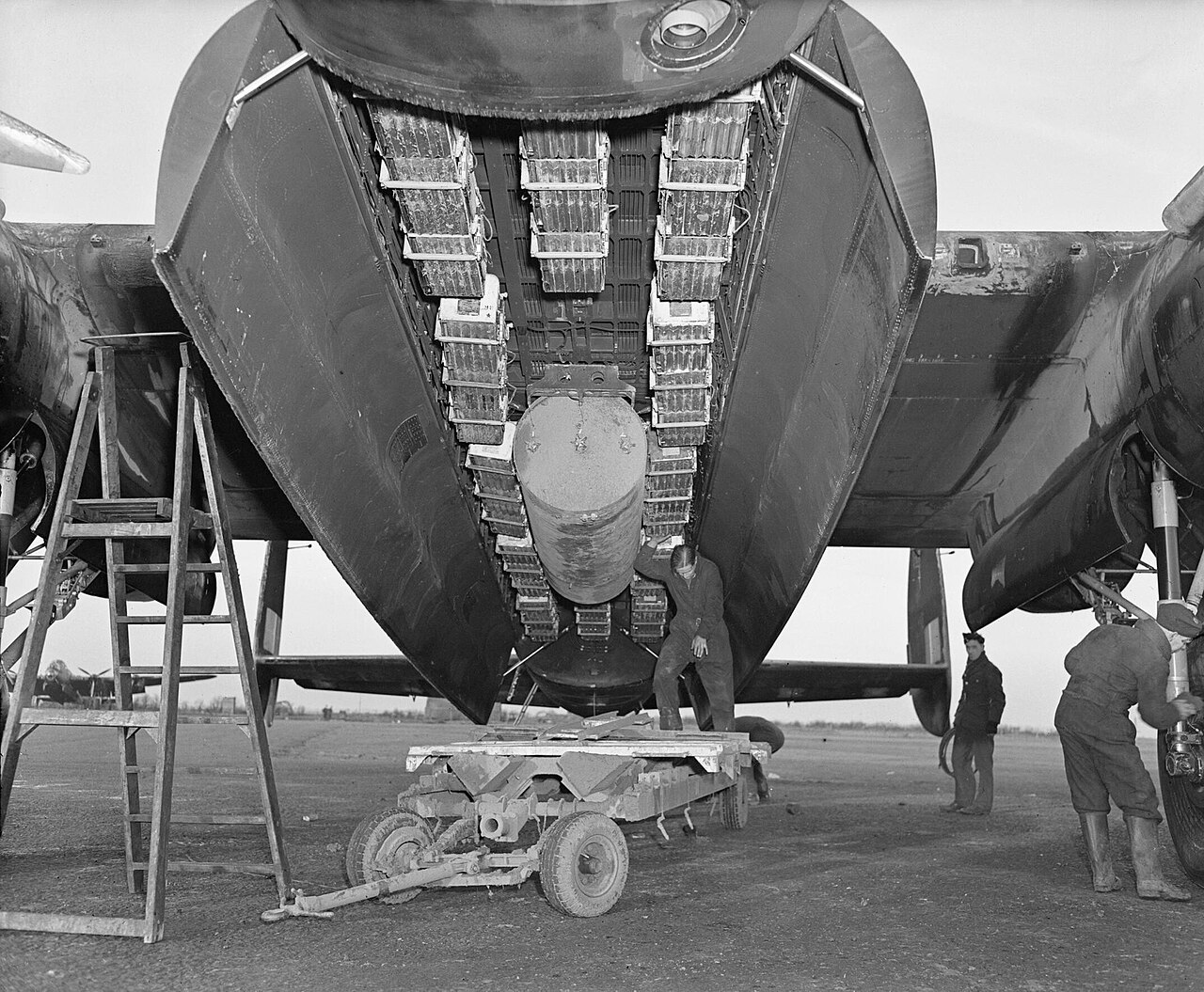 A standard Lancaster area bombing load laid out on the ground