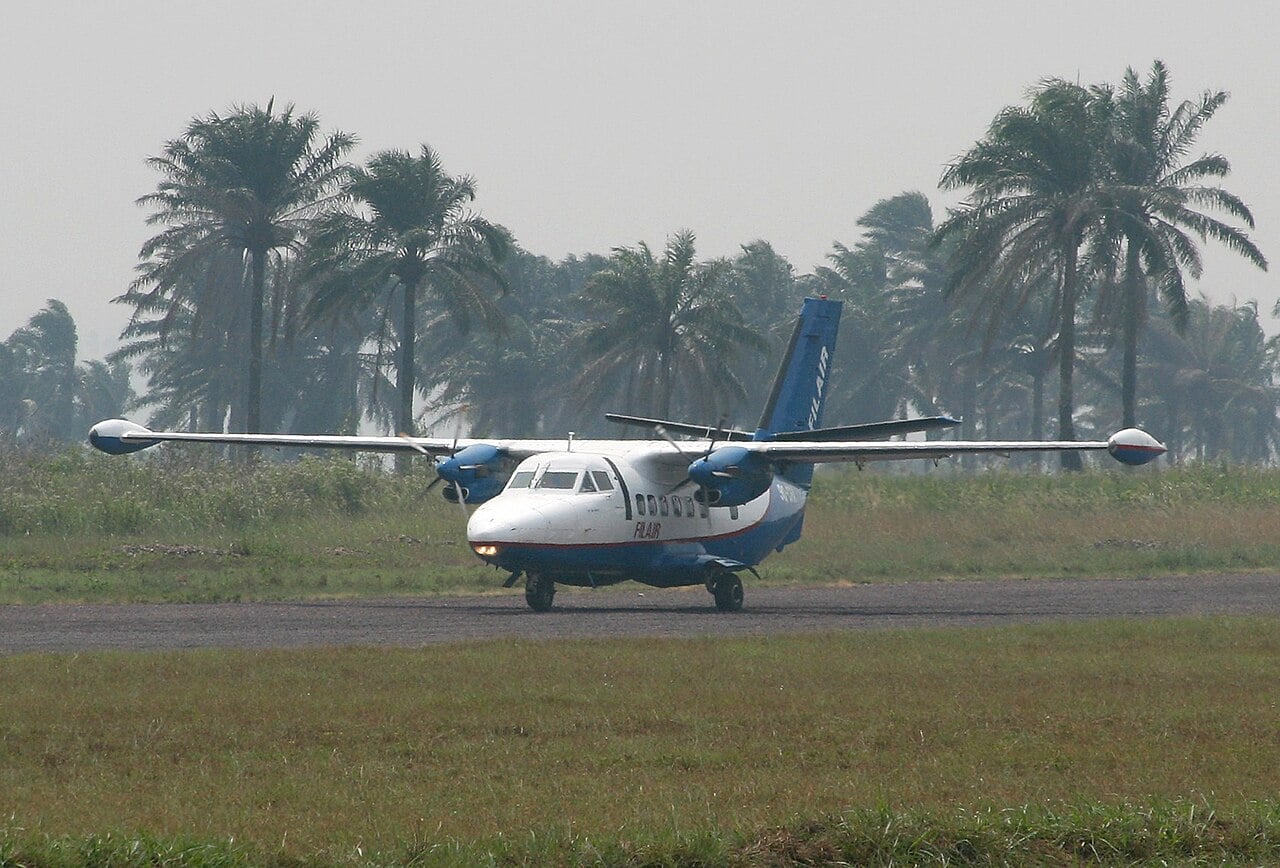 A Let L-410 Turbolet taxiing at Kikwit Airport in the Democratic Republic of Congo