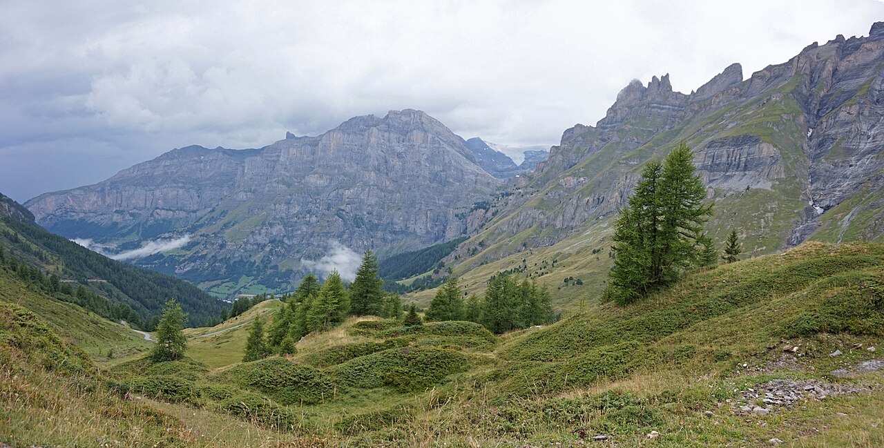 Steep mountain terrain and cliffs above Leukerbad in the Swiss canton of Valais