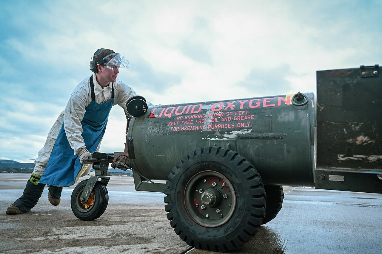 Liquid oxygen servicing cart on a flight line