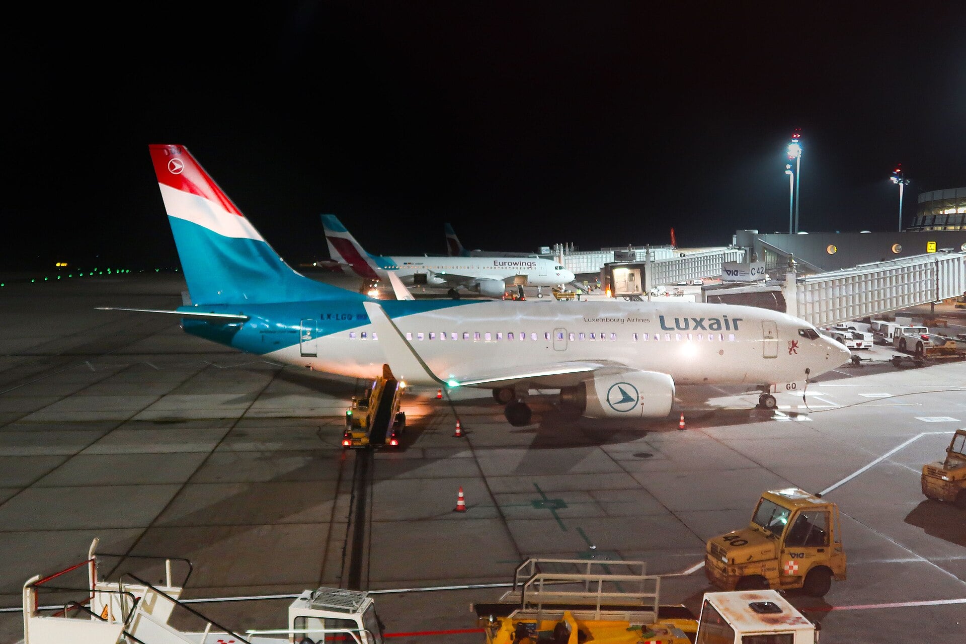 A Luxair Boeing 737-700 parked away from its home base