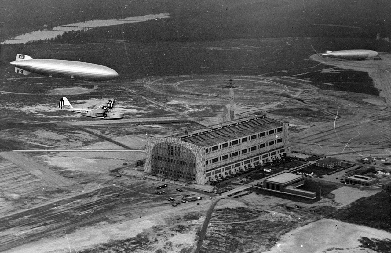 Hindenburg over Lakehurst in May 1936