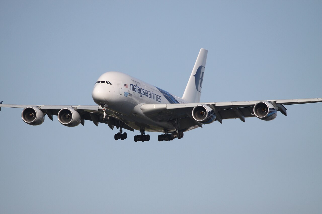 Malaysia Airlines A380 9M-MNF wearing 100th A380 titles Malaysia Airlines Airbus A380 9M-MNF at London Heathrow carrying 100th A380 titles