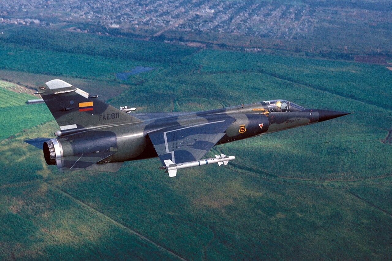 Ecuadorian Air Force Mirage F1JA FAE811 in camouflage carrying a wingtip air-to-air missile
