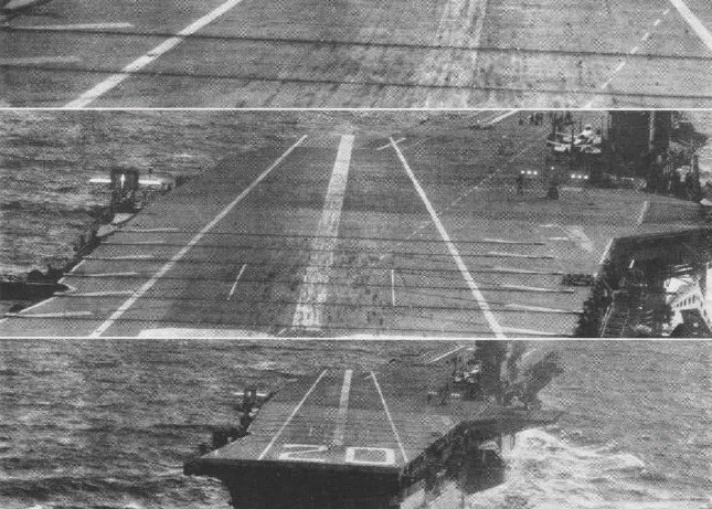 A sequence of photographs showing an aircraft landing with the aid of the mirror landing system on USS Bennington in 1955