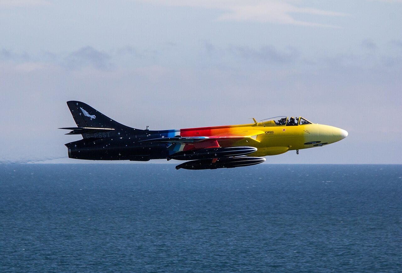 Hawker Hunter G-PSST Miss Demeanour flying low over the sea