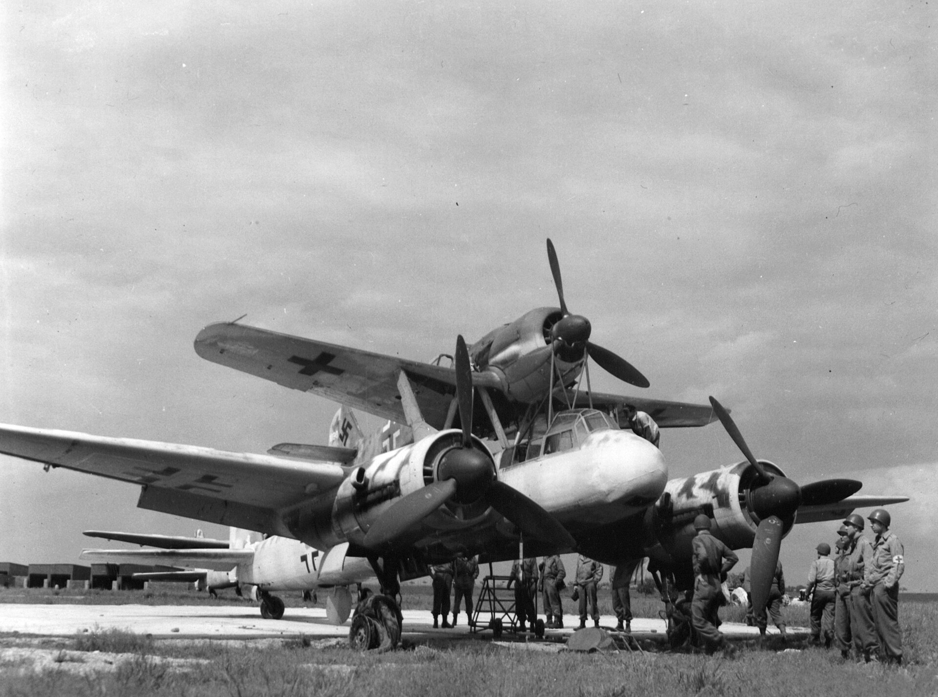 A Mistel composite aircraft, a Junkers Ju 88 with a Focke-Wulf Fw 190 mounted above it