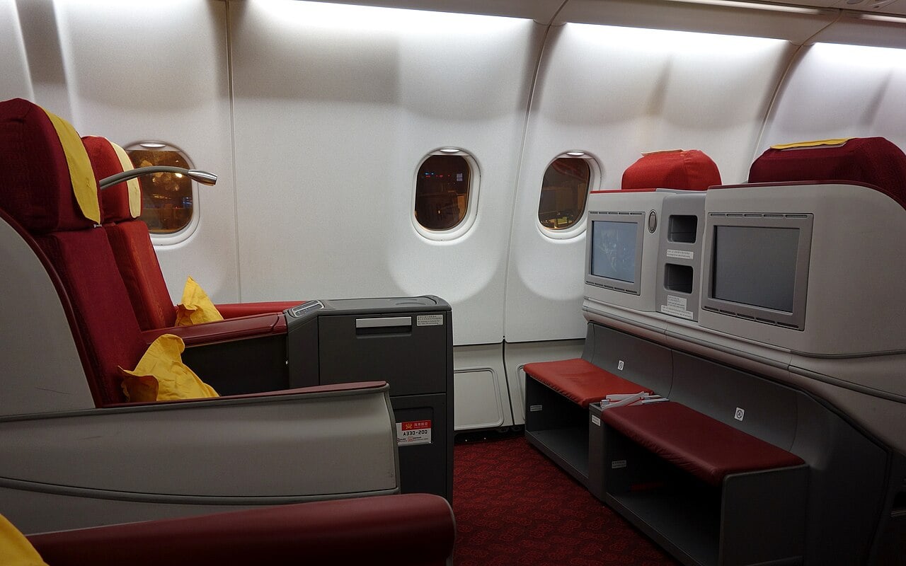 The interior of a modern Airbus A330 cabin