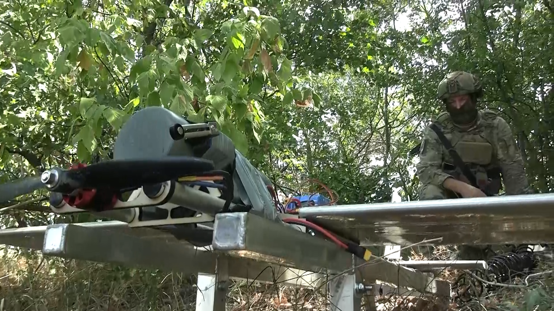 Russian Molniya-1 attack drone on its launch rail