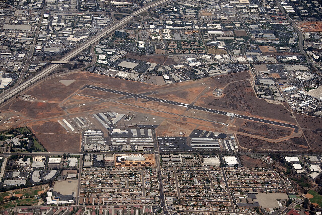 Aerial photograph of Montgomery Field general aviation airport in San Diego surrounded by urban development
